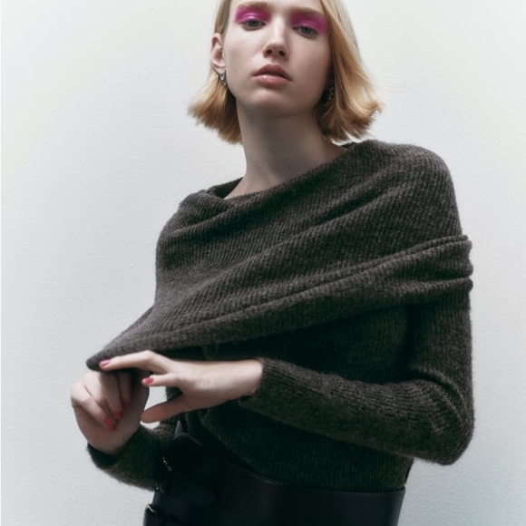 Zara Anthracite Grey Wrap Collar Knit Sweater - Picture 7 of 11